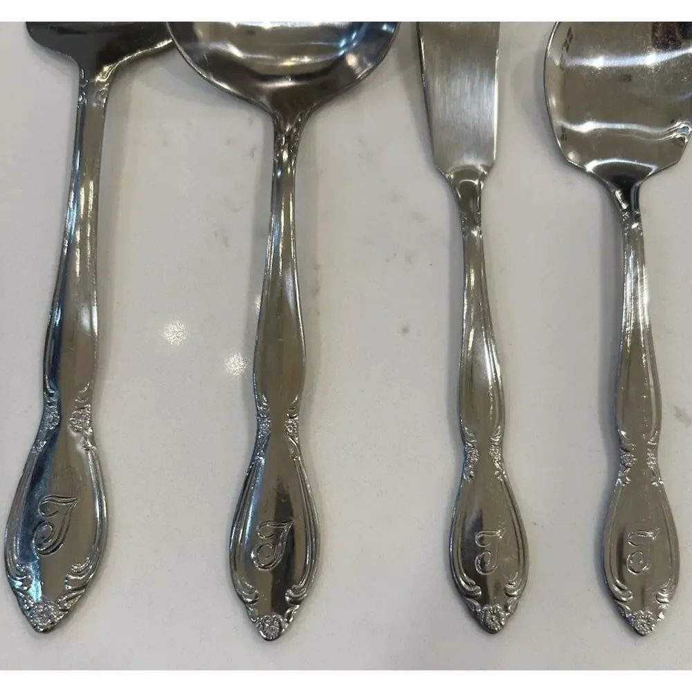 Vtg 4 Pc Serving Utensils “T” Monogram Custom Made Floral Stainless Flatware EUC